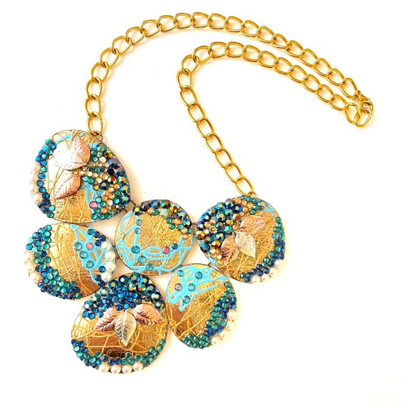 Gold Plated Necklace with blue and green Crystals, details of paint  Gold Plated - Picture 1 of 5